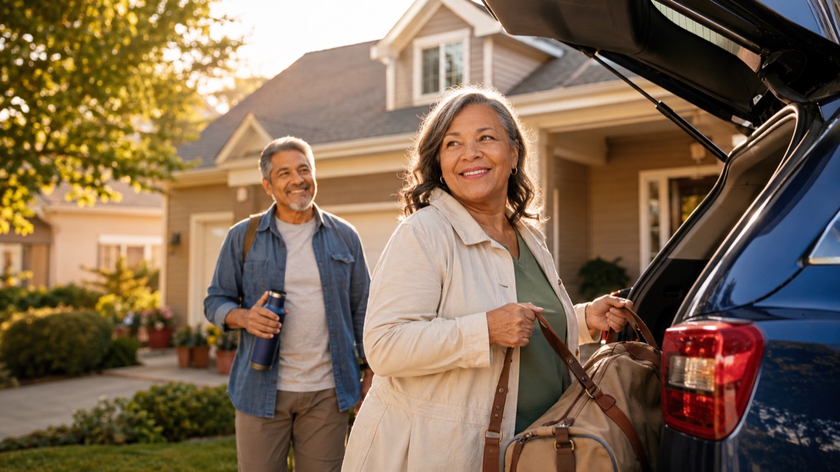 An older couple loading the car outside their home